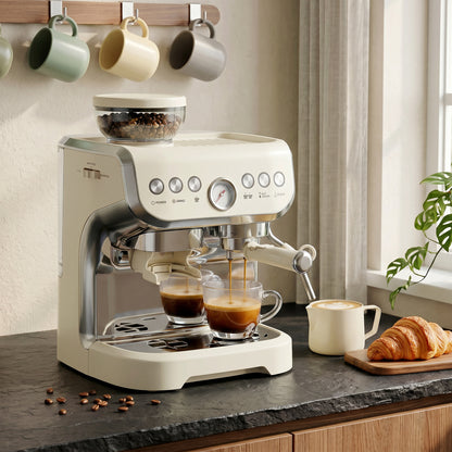 15 Bar Coffee Machine, with Adjustable Grind, Steamer and Accessories - Cream White