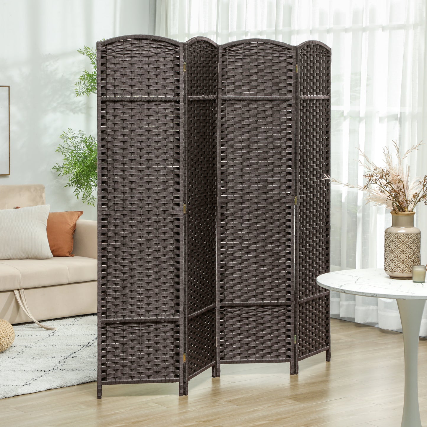 4 Panel Folding Room Divider, Freestanding Privacy Screen for Living Room, Bedroom and Office, 160 x 170cm, Brown