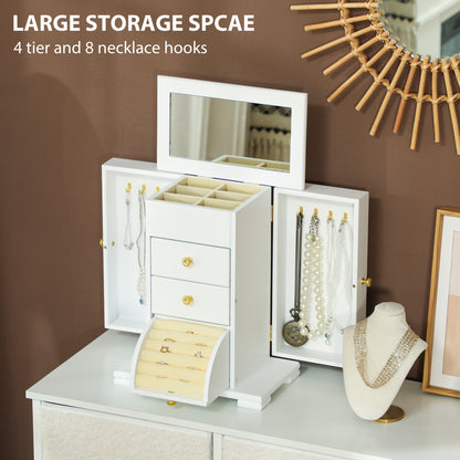 4-Tier Jewellery Box with Mirror and 3 Drawers - White