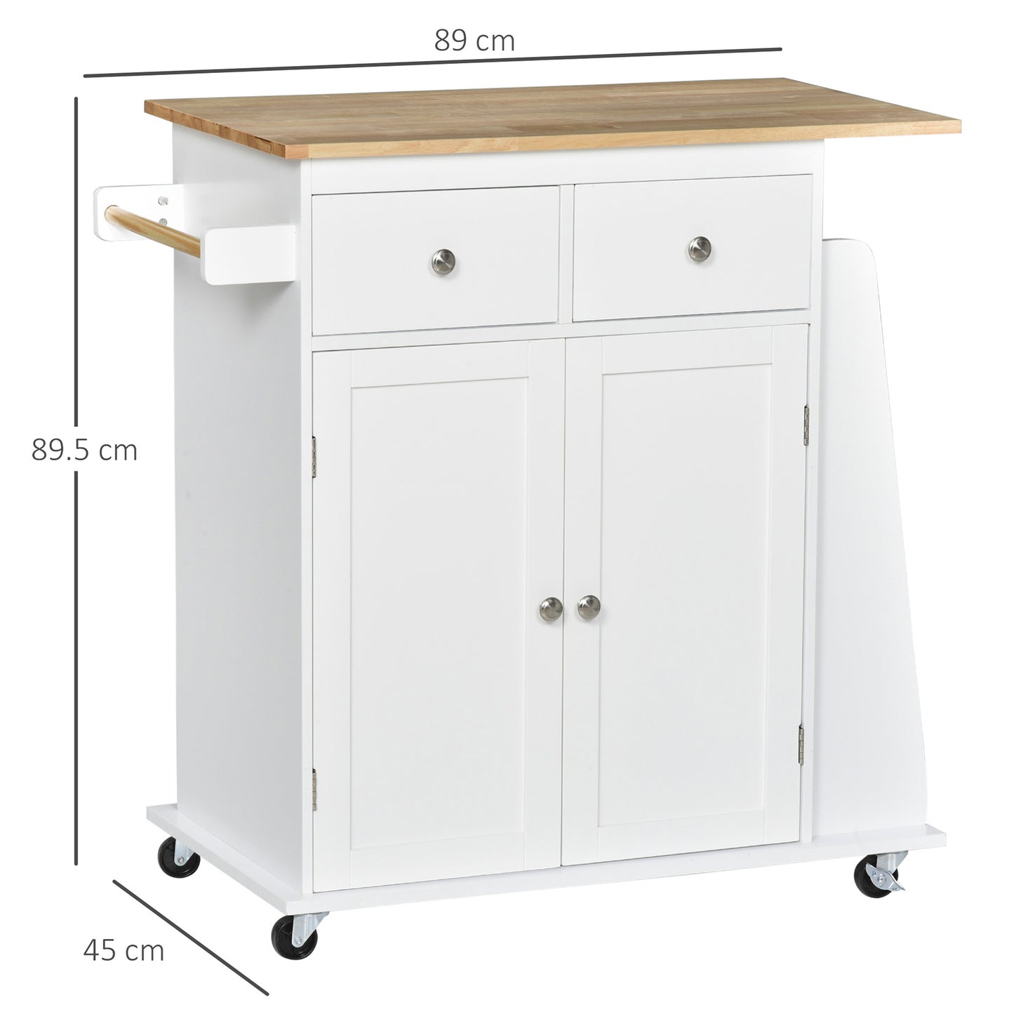 Kitchen Island on Wheels, Mobile Storage Trolley, Rolling Kitchen Cart with Rubber Wood Top, 2-Door Cabinets, 2 Drawers
