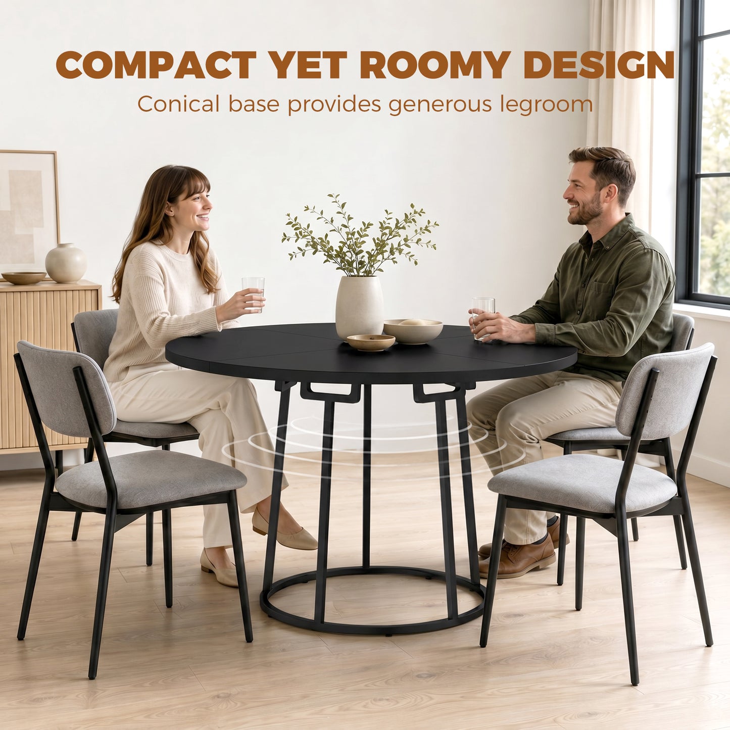 Dining Table Space Saving Kitchen Table Spliced Tabletop Conical Metal Base 120 cm Round Black