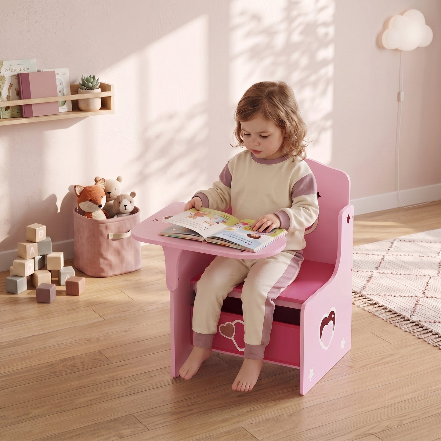 Kids Table and Chair Set, Children Desk and Chair with Storage Bins for Playing, Reading, Painting, for Ages 3-5, Pink