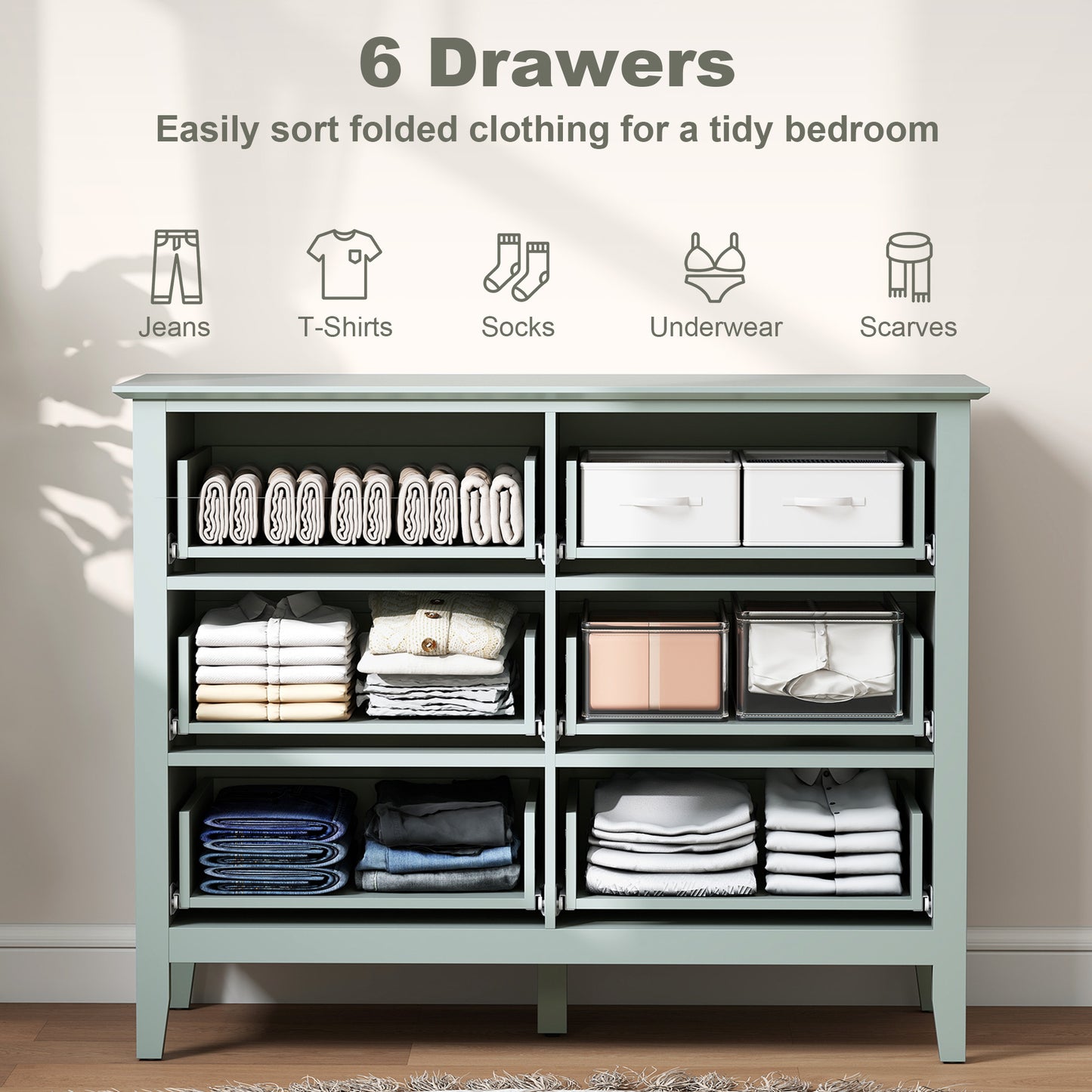 Fluted Dresser, 6 Drawer Chest of Drawers for Bedroom, Living Room, Hallway, Closet, Green