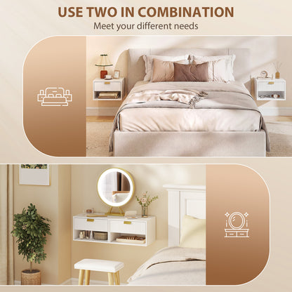 Set of 2 Wall Mounted Nightstands, Floating Bedside Tables with Fluted Drawer and Open Shelf for Small Bedroom, White