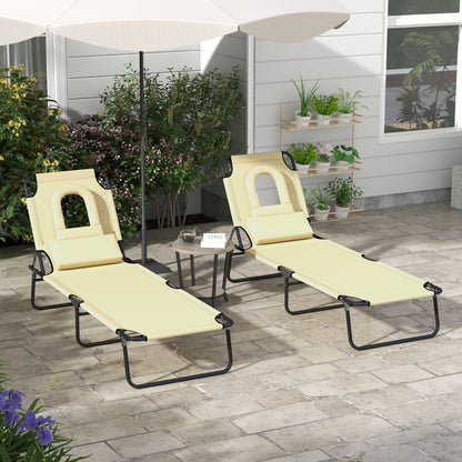 Folding Sun Loungers Set of 2 with Face Hole, 4-Position Adjustable Backrest Garden Recliner Chair Sunbed