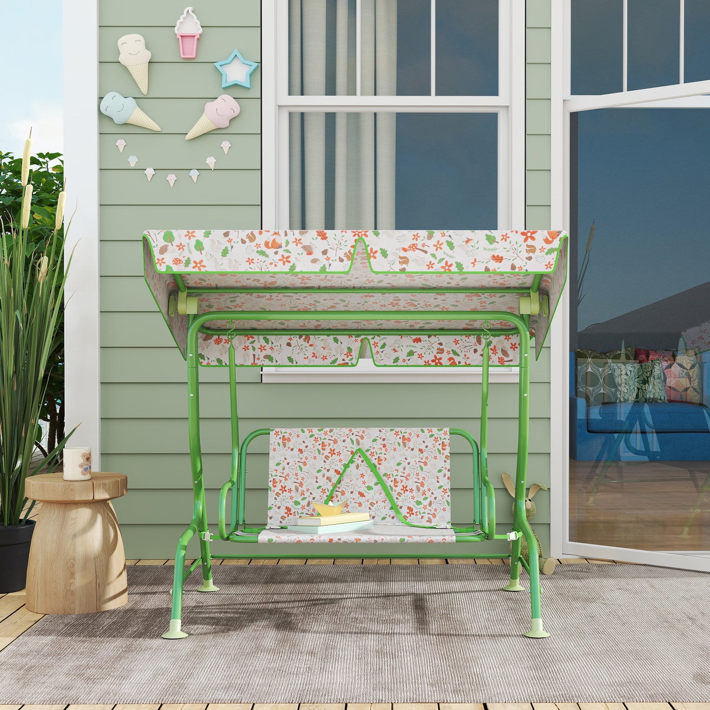 Kids Garden Swing Chair with Adjustable Canopy, Safety Belt, 2 Seater Hammock Swing Bench for Patio, Porch, Green