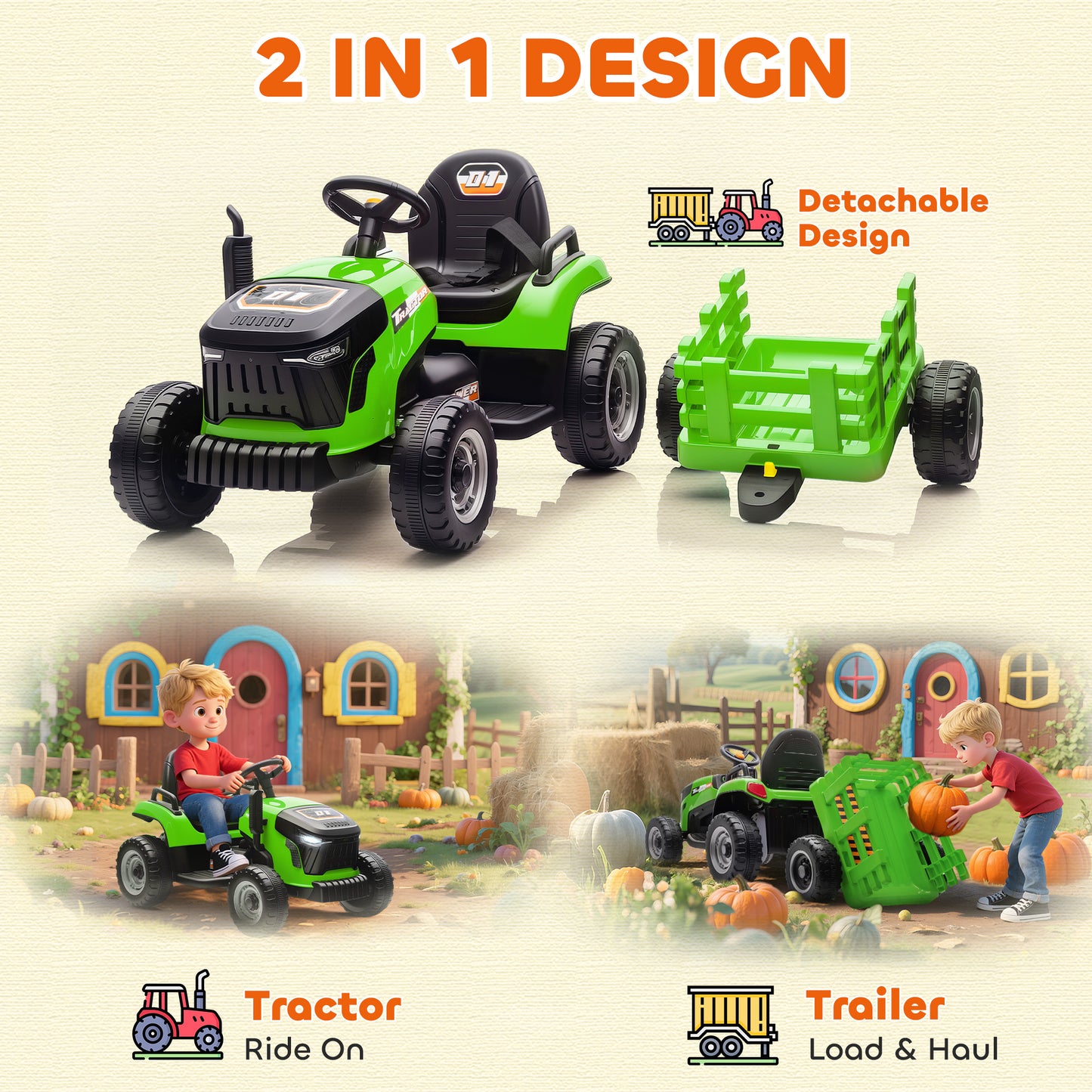 12V Ride on Tractor and Trailer with Remote Control, Music, Shifter, Start-Up Sound, for Kids Ages 3-8 Years, Green