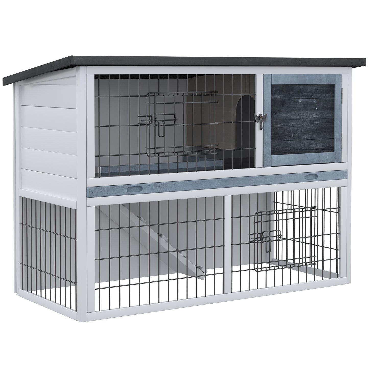2-Tier Wooden Rabbit Hutch Guinea Pig House Bunny Cage Backyard w/ Openable Roof Small Animal House for Outdoor Grey