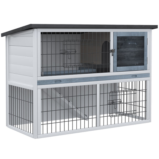 2-Tier Wooden Rabbit Hutch Guinea Pig House Bunny Cage Backyard w/ Openable Roof Small Animal House for Outdoor Grey