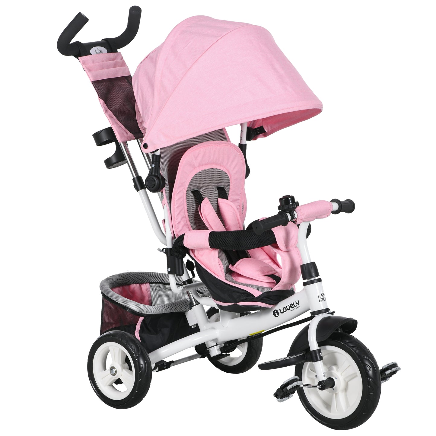 6 in 1 Kids Trike with Parent Handle, Canopy, 5-point Seat Belt, Storage, Footrest, Brake, for 1-5 Years, Pink
