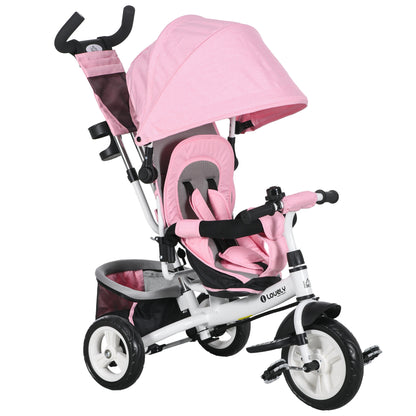 6 in 1 Kids Trike with Parent Handle, Canopy, 5-point Seat Belt, Storage, Footrest, Brake, for 1-5 Years, Pink