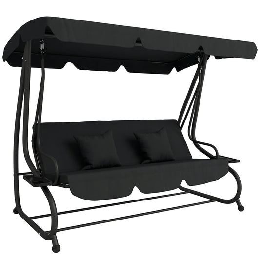 Three-Person garden Swing Chair, with Adjustable Canopy - Black