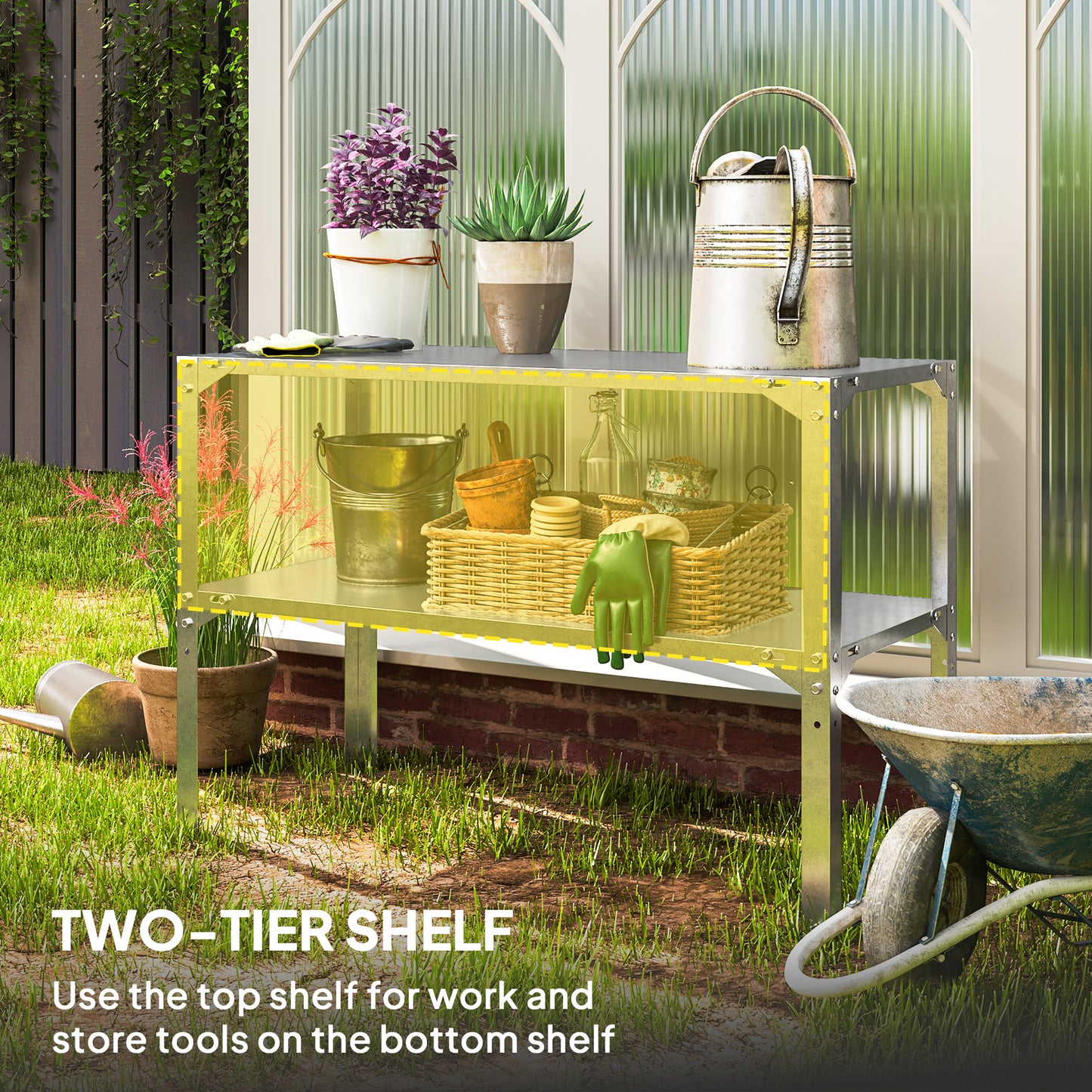 2 Tier Potting Bench Table, Galvanised Steel Garden Planting Work Bench Workstation with Storage Shelf for Outdoor, Patio