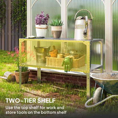 2 Tier Potting Bench Table, Galvanised Steel Garden Planting Work Bench Workstation with Storage Shelf for Outdoor, Patio