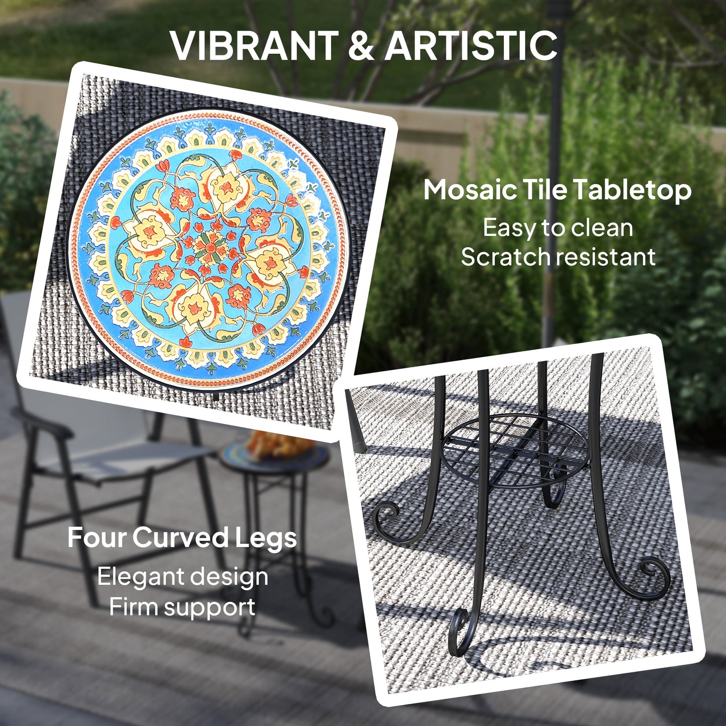Mosaic Garden Table, 35.5 cm Round Outdoor Table with Shelf, Ceramic Tile Top