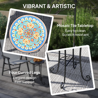 Mosaic Garden Table, 35.5 cm Round Outdoor Table with Shelf, Ceramic Tile Top
