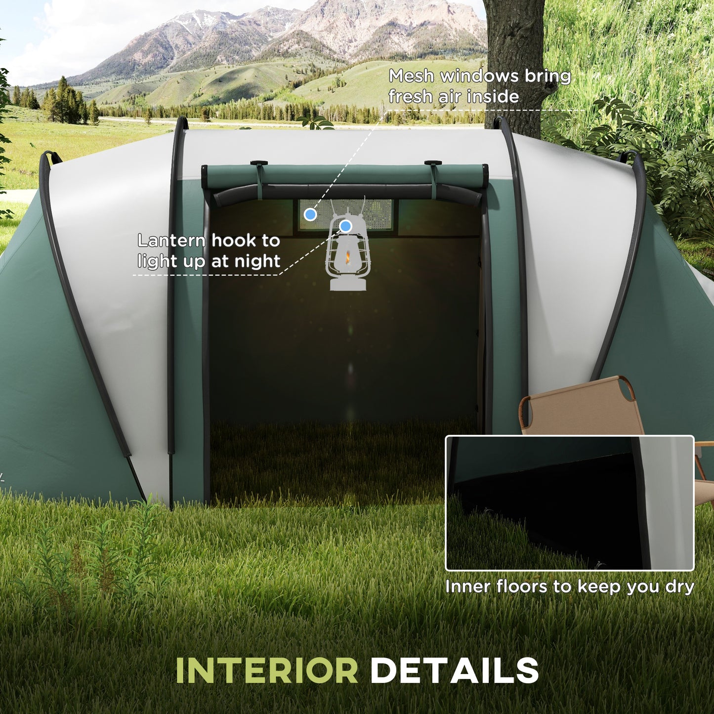 Two-Man Tent, with Bedrooms, Living Room and Canopy - Dark Green