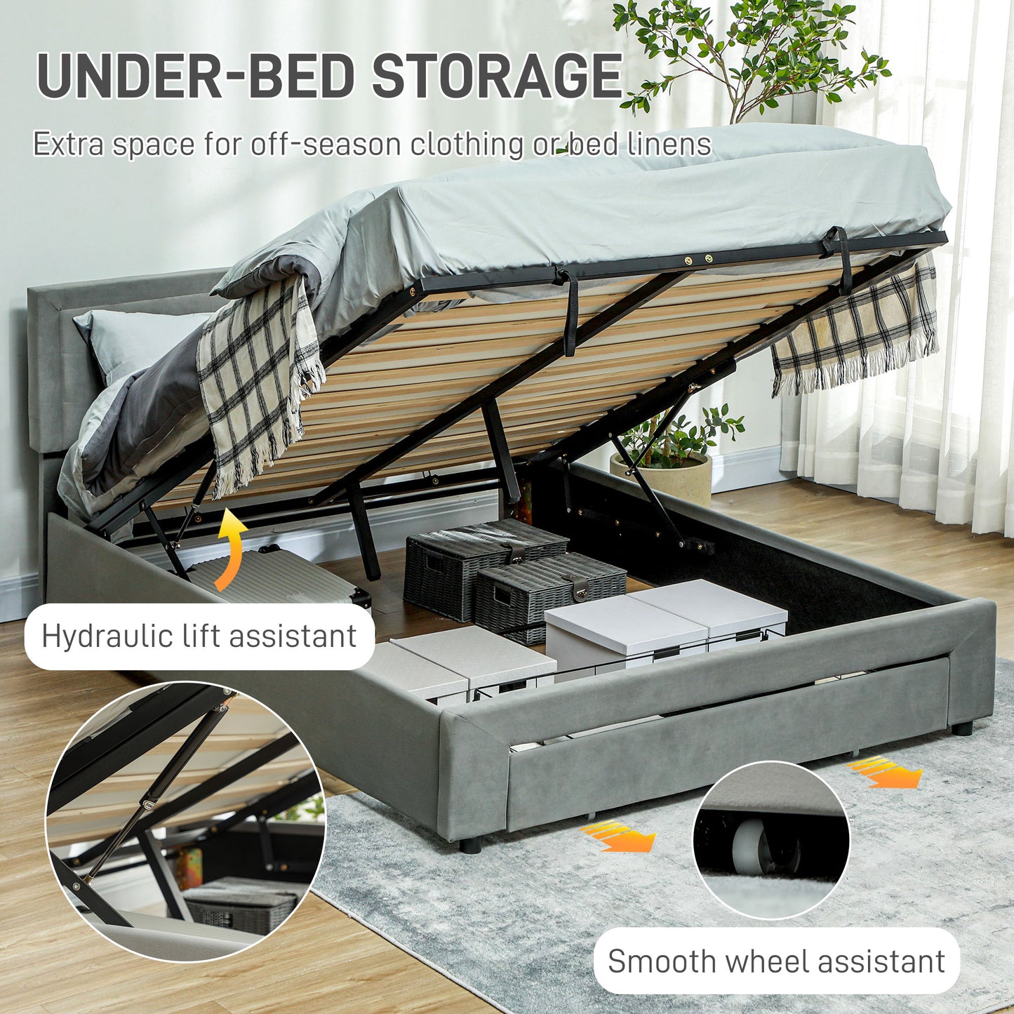 Double Size Ottoman Bed Frame 140W x 193.5D x 95Hcm with Front Drawer - Grey