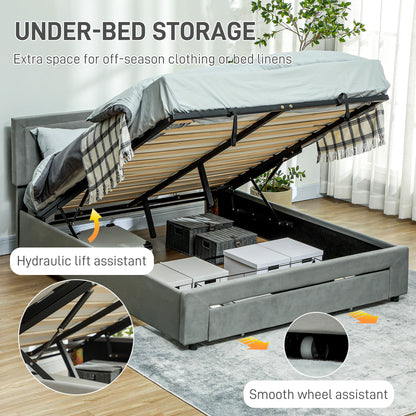 Double Size Ottoman Bed Frame 140W x 193.5D x 95Hcm with Front Drawer - Grey