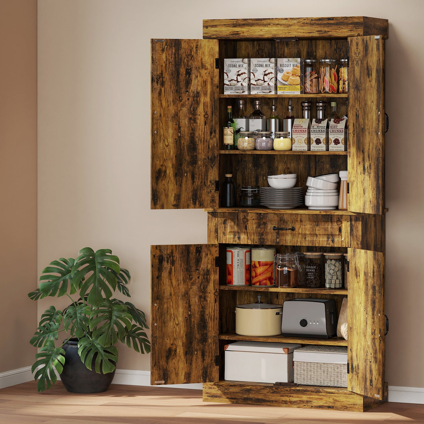Tall Kitchen Cupboard, Kitchen Pantry Cabinet with Drawer, Shelves, Brown