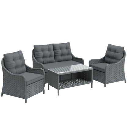 4-Piece Wicker Patio Furniture Set with 2 Armchairs, Loveseat, Glass Coffee Table, Conversation Sofa Set, Dark Grey