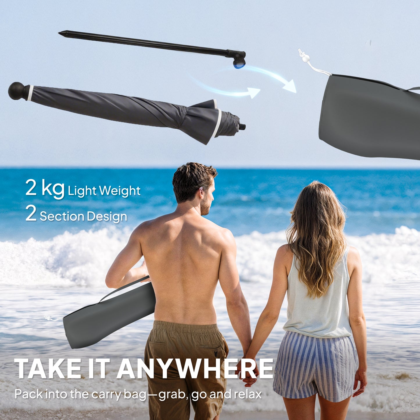 1.8 m Beach Umbrella Parasol with Sand Anchor, Portable 30° Tilting Patio Sun Shade with Adjustable Height, Dark Grey