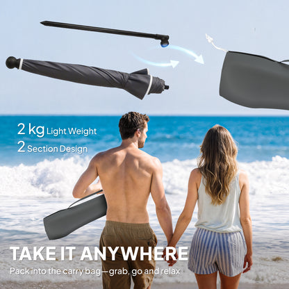 1.8 m Beach Umbrella Parasol with Sand Anchor, Portable 30° Tilting Patio Sun Shade with Adjustable Height, Dark Grey