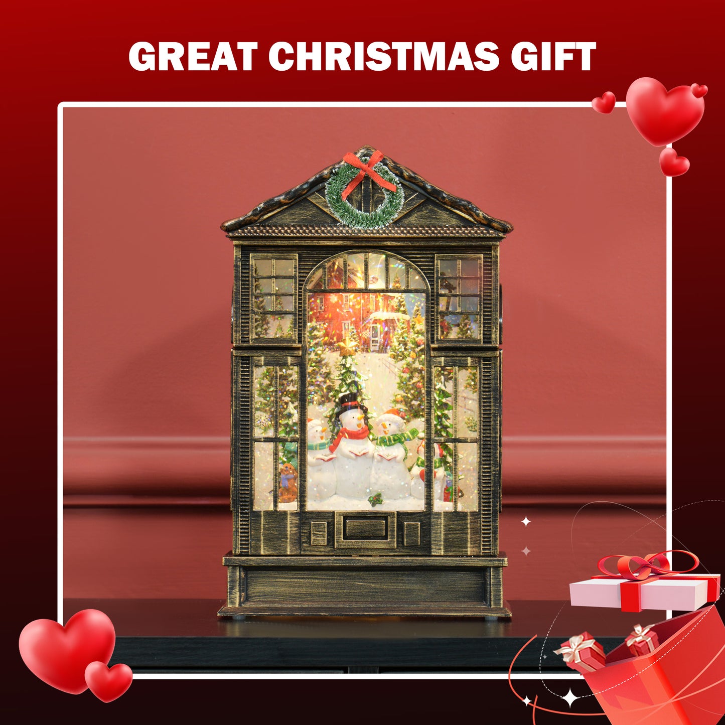 Christmas Snow Globe Lantern with Lights, Musical Snow Globe with Swirling Glitter