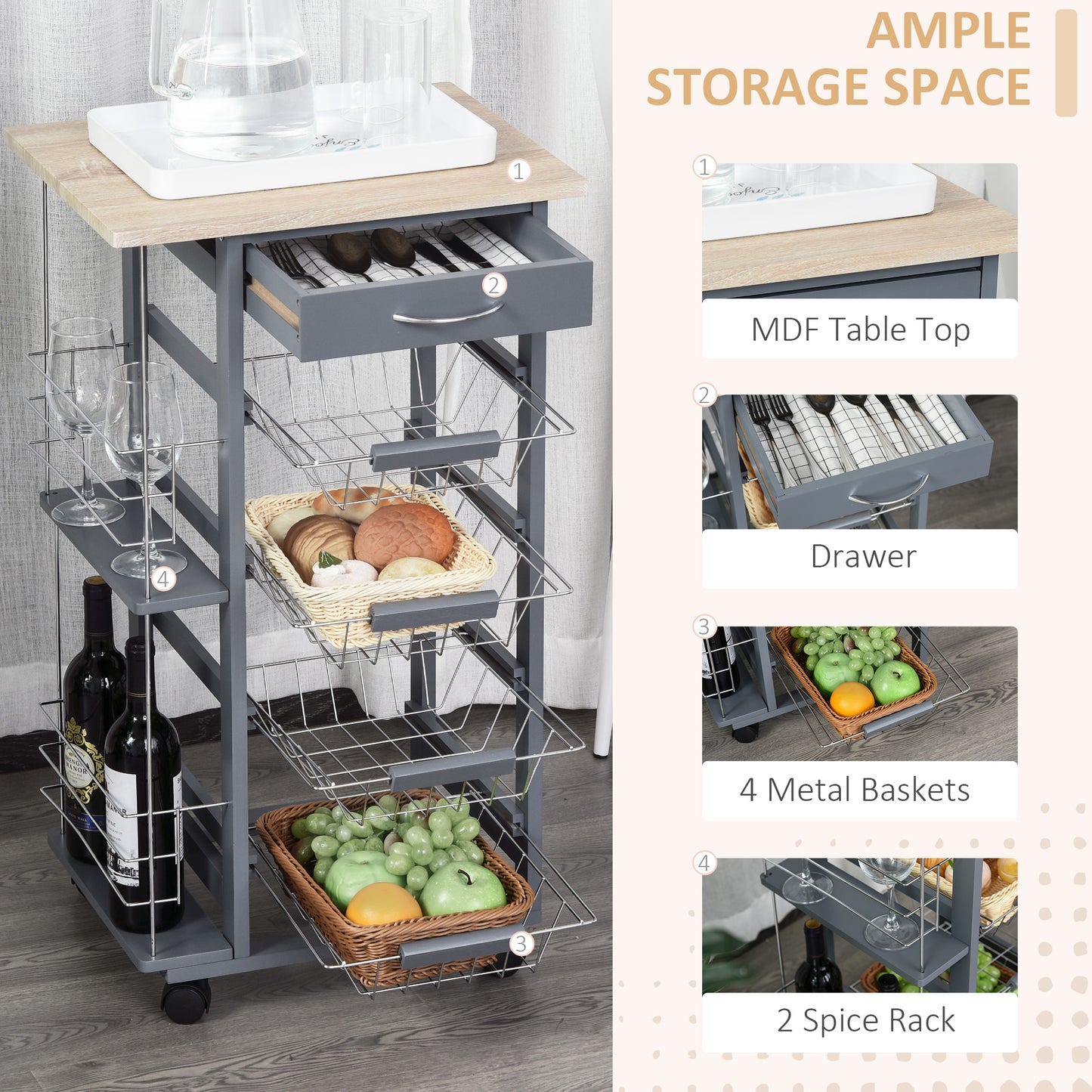 Rolling Kitchen Cart, Utility Storage Cart with 4 Basket Drawers & Side Racks, Wheels for Dining Room, Grey