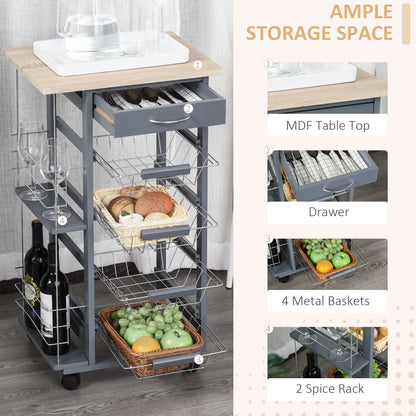 Rolling Kitchen Cart, Utility Storage Cart with 4 Basket Drawers & Side Racks, Wheels for Dining Room, Grey
