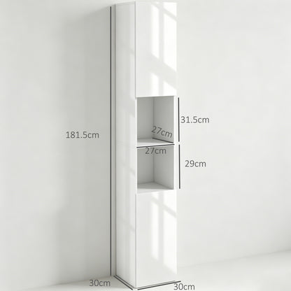 Freestanding Bathroom Cabinet, High Gloss Storage Cabinet with Doors and Adjustable Shelves, 30 x 30 x 181.5 cm, White