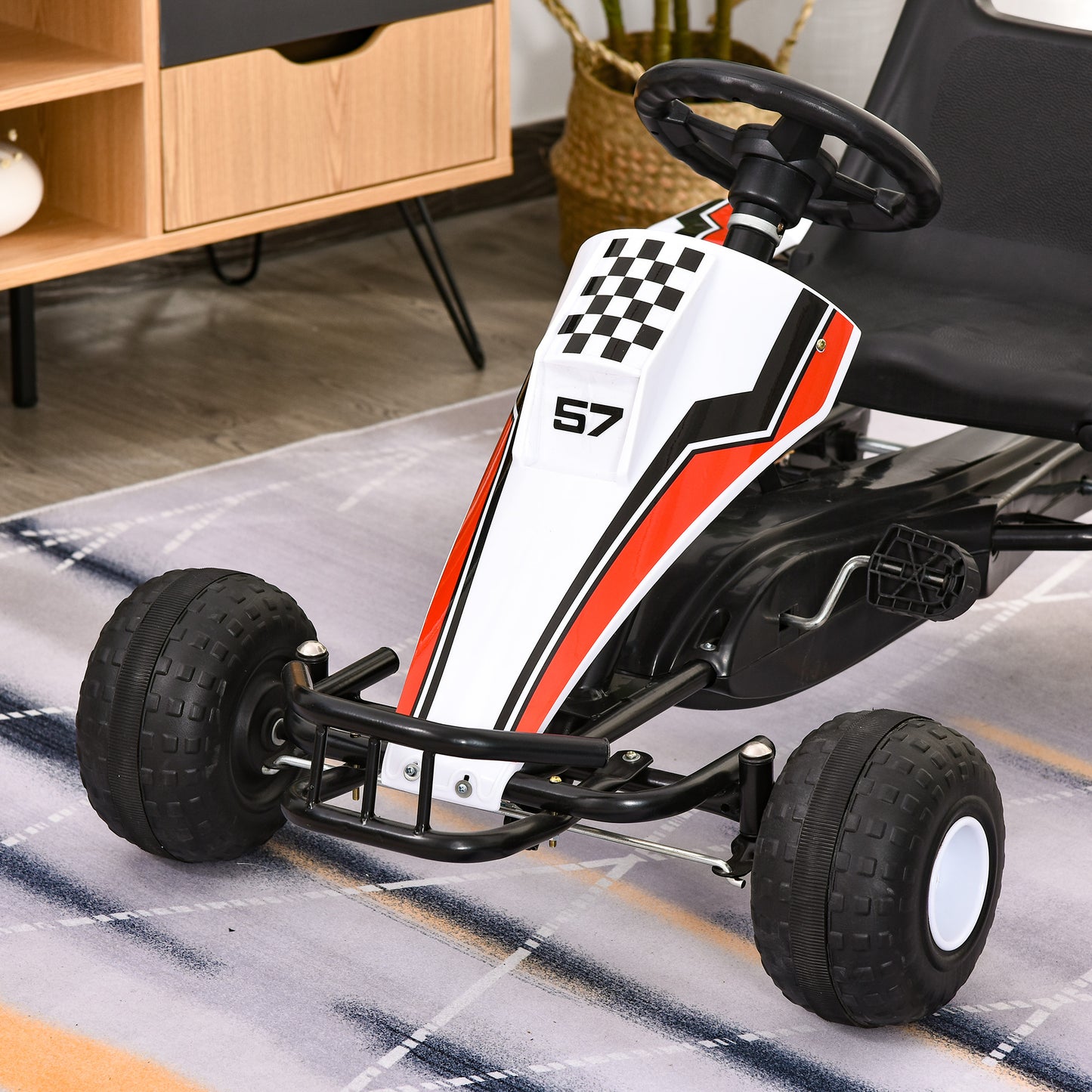 Kids Children Pedal Go Kart Manual Ride On Car w/ Brake Gears Steering Wheel Adjustable Seat 4 Smooth Wheels Racing-Style Whi