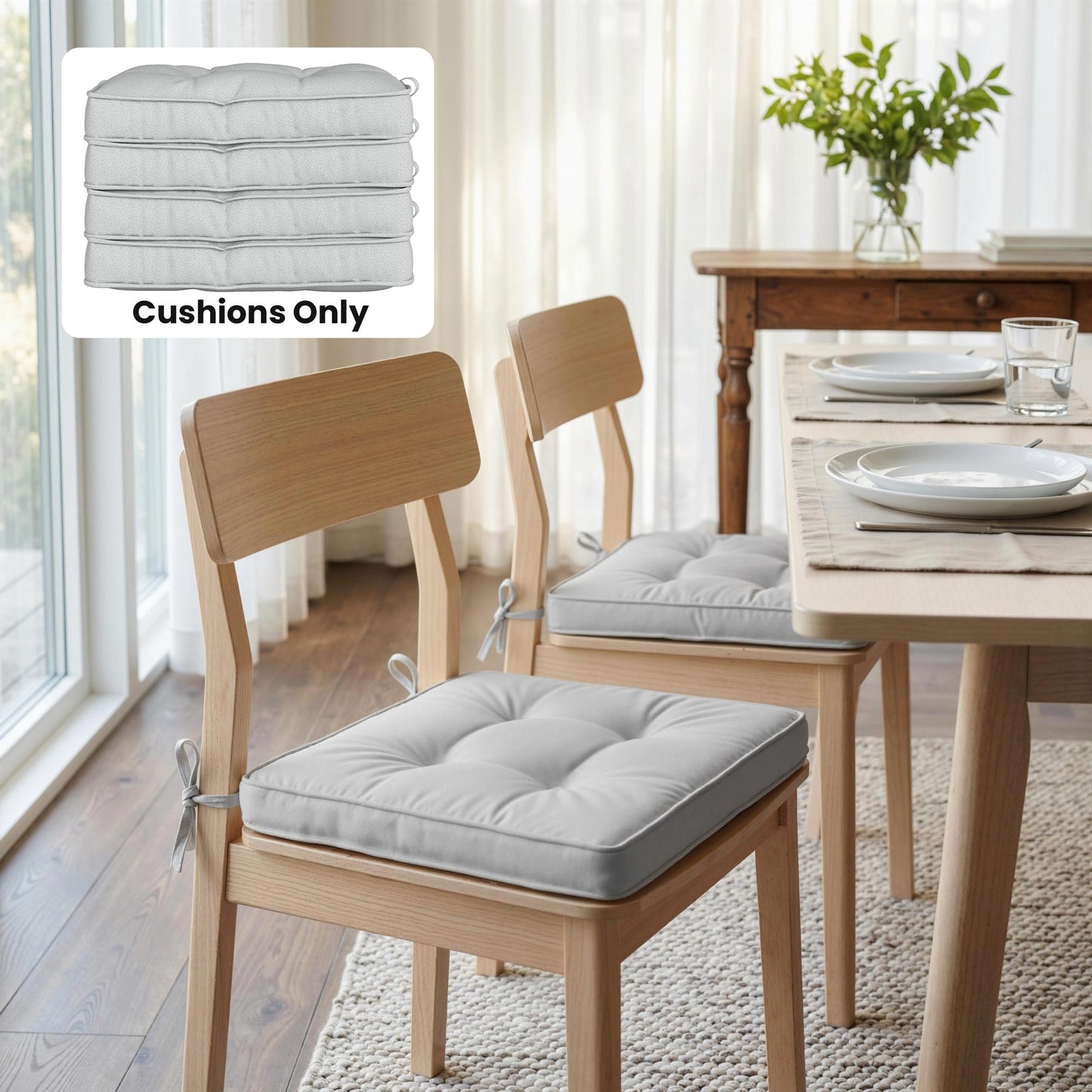 Set of 4 Garden Seat Cushion with Ties, 42 x 42cm Replacement Dining Chair Seat Pad, Light Grey