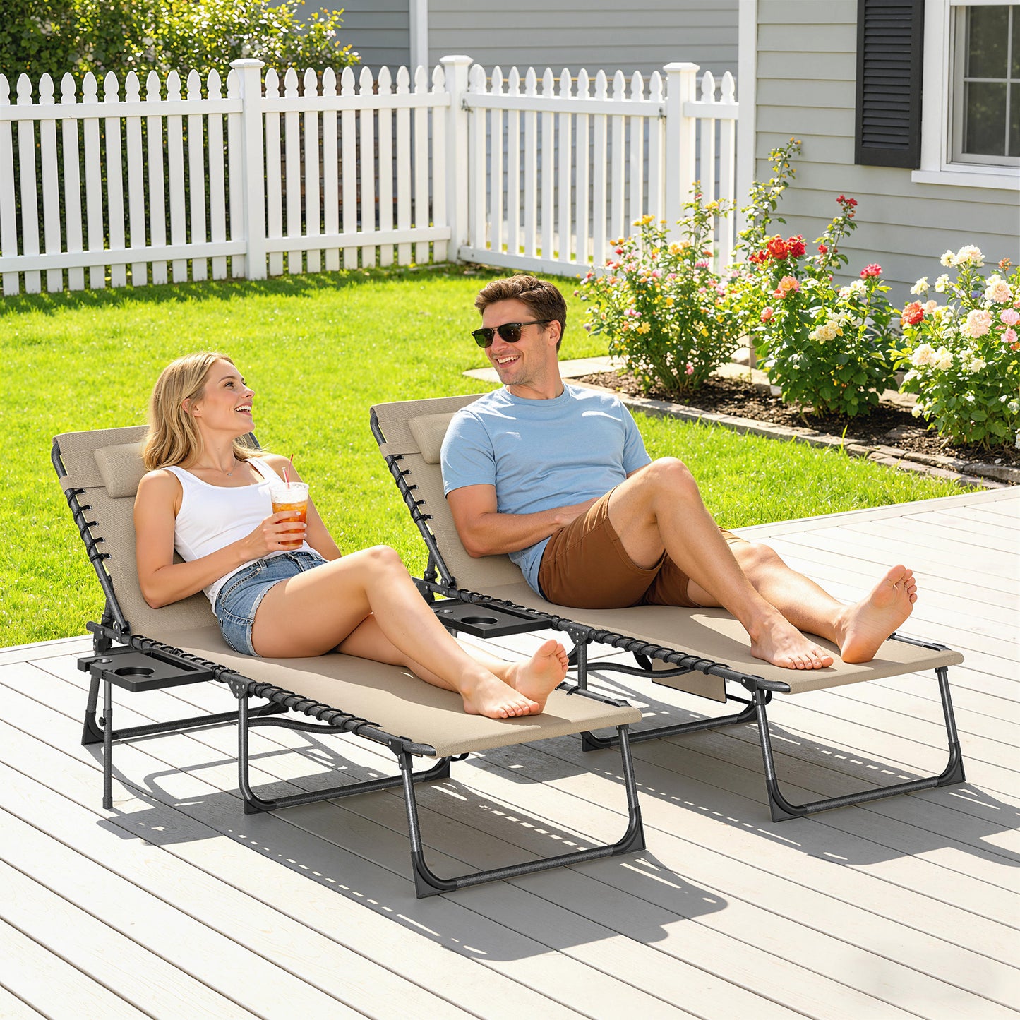 Five-Position Reclining Sun Loungers Set of 2 - Beige