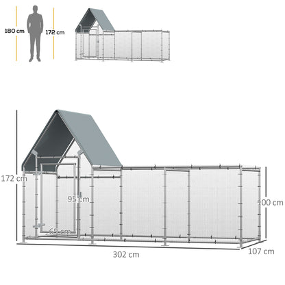Walk In Chicken Run Chicken Coop, Large Poultry Cage Hen House for 6-8 Chickens Outdoor w/ Water-Resist Cover 302 x 107 x 172