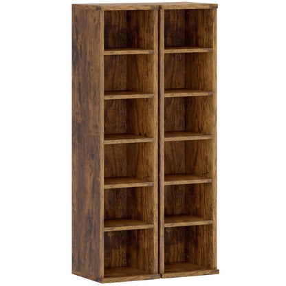 Set of 2 CD Media Display Shelf Unit Tower Rack with Adjustable Shelves, Rustic Brown
