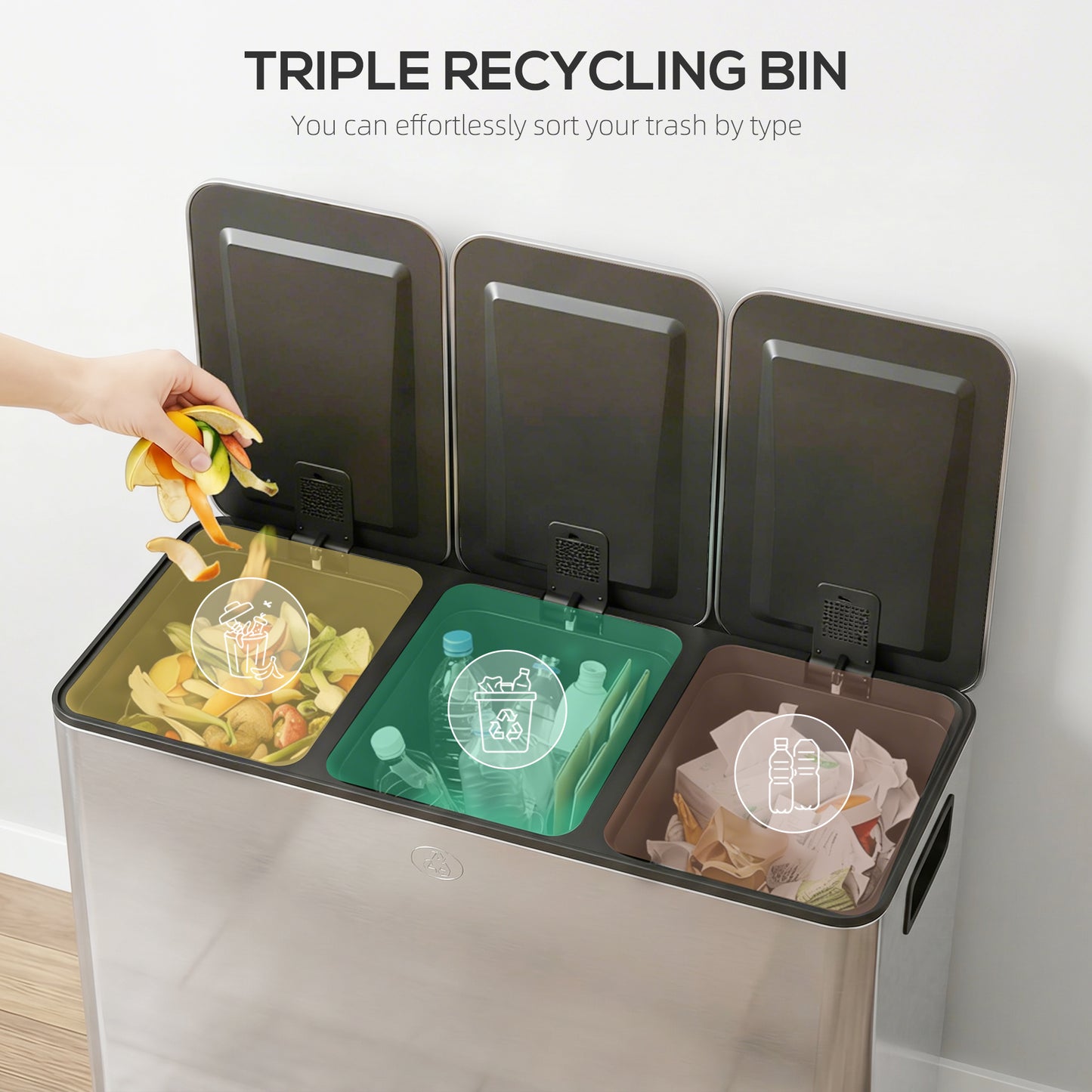 3 x 20L Pedal Bin, Steel Triple Kitchen Bin with Soft Close Lid, Removable Inner Buckets, Fingerprint-Proof, Silver Tone