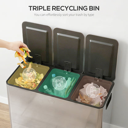 3 x 20L Pedal Bin, Steel Triple Kitchen Bin with Soft Close Lid, Removable Inner Buckets, Fingerprint-Proof, Silver Tone