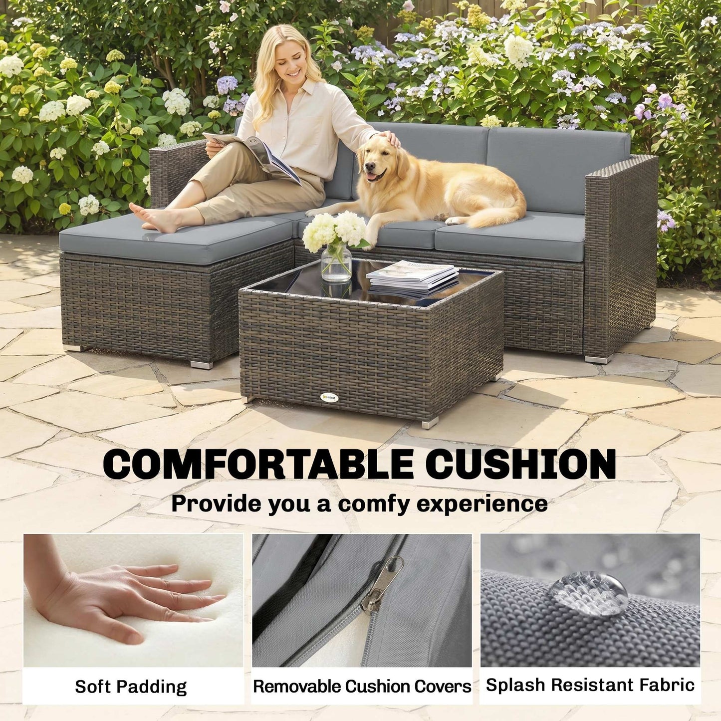 3 Pieces Garden Furniture Set w/ Cushions, PE Rattan Wicker Conversation Corner Sofa Set, Light Grey