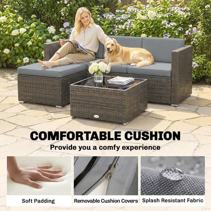 3 Pieces Garden Furniture Set w/ Cushions, PE Rattan Wicker Conversation Corner Sofa Set, Light Grey