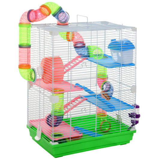 5 Tier Hamster Cage Carrier Habitat w/ Exercise Wheels, Tunnel, Green