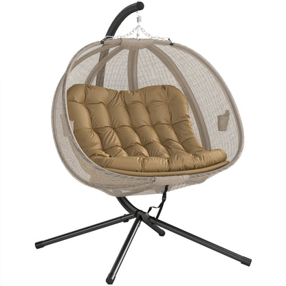Double Hanging Egg Chair 2 Seaters Texteline Swing Hammock Chair with Stand, Cushion and Folding Design
