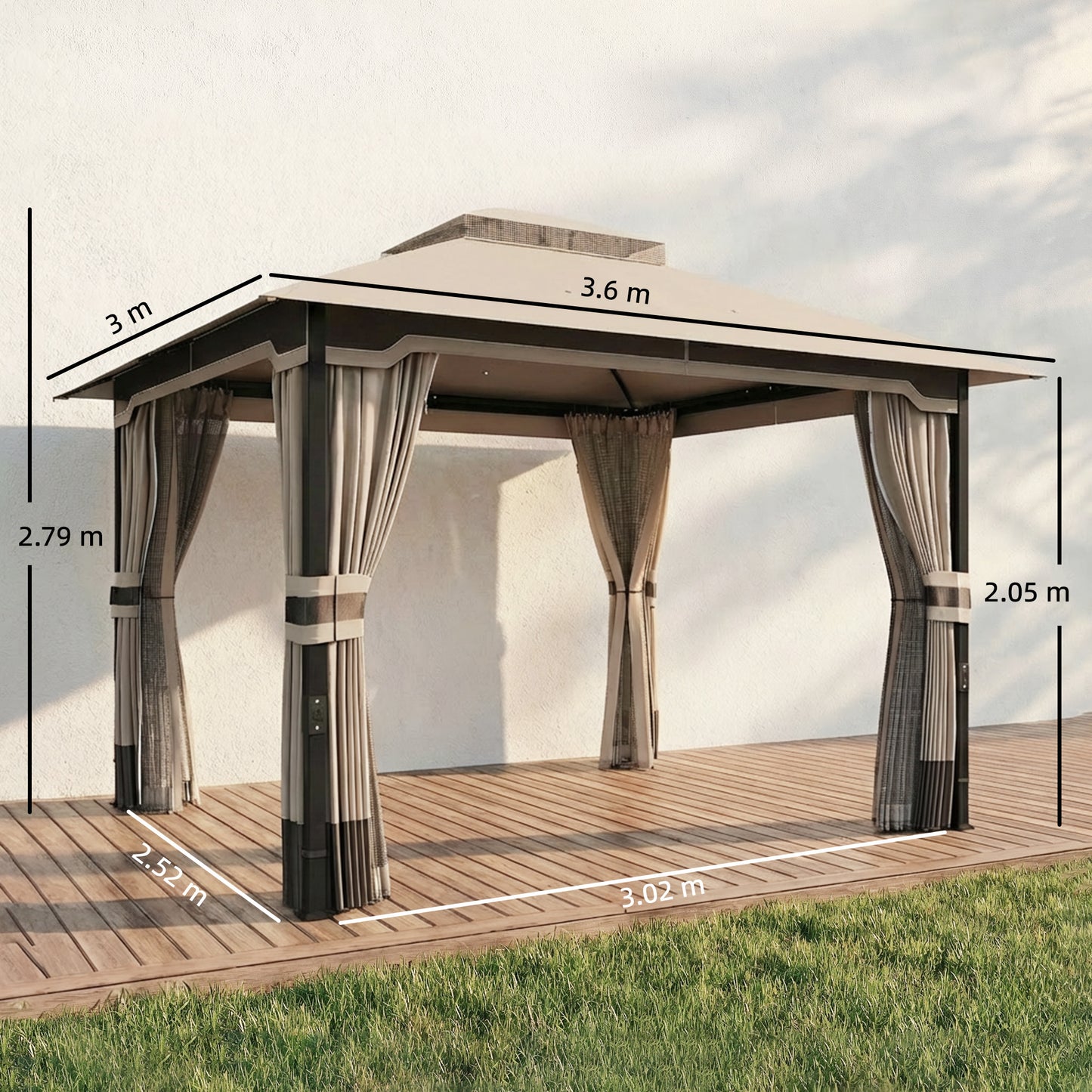3 x 3.6 m Outdoor Garden Gazebo with Netting and Curtains, Double Roof Patio Gazebo Permanent Pavilion, Khaki