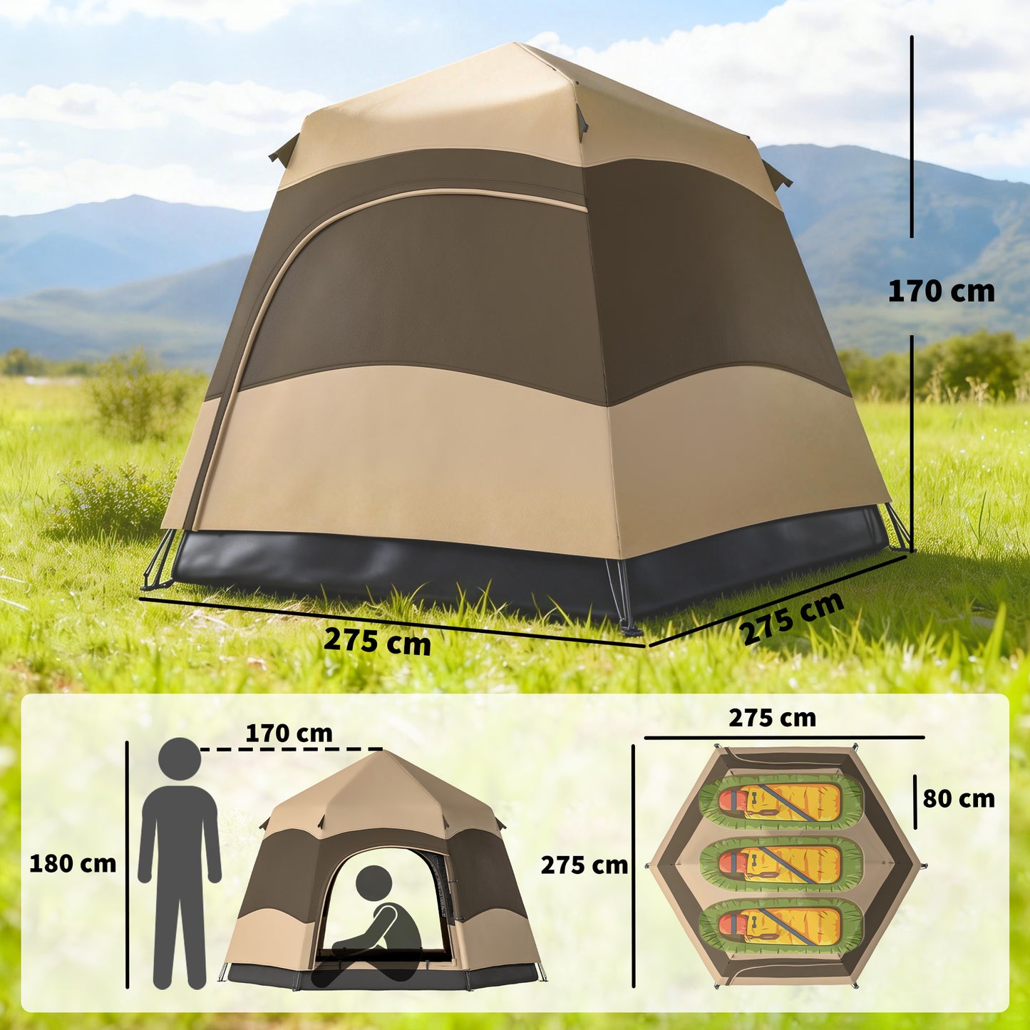 Double Layer Instant Pop Up Tent with Rainfly, Portable Camping Shelter with Sewn-in Groundsheet and Carry Bag, Brown