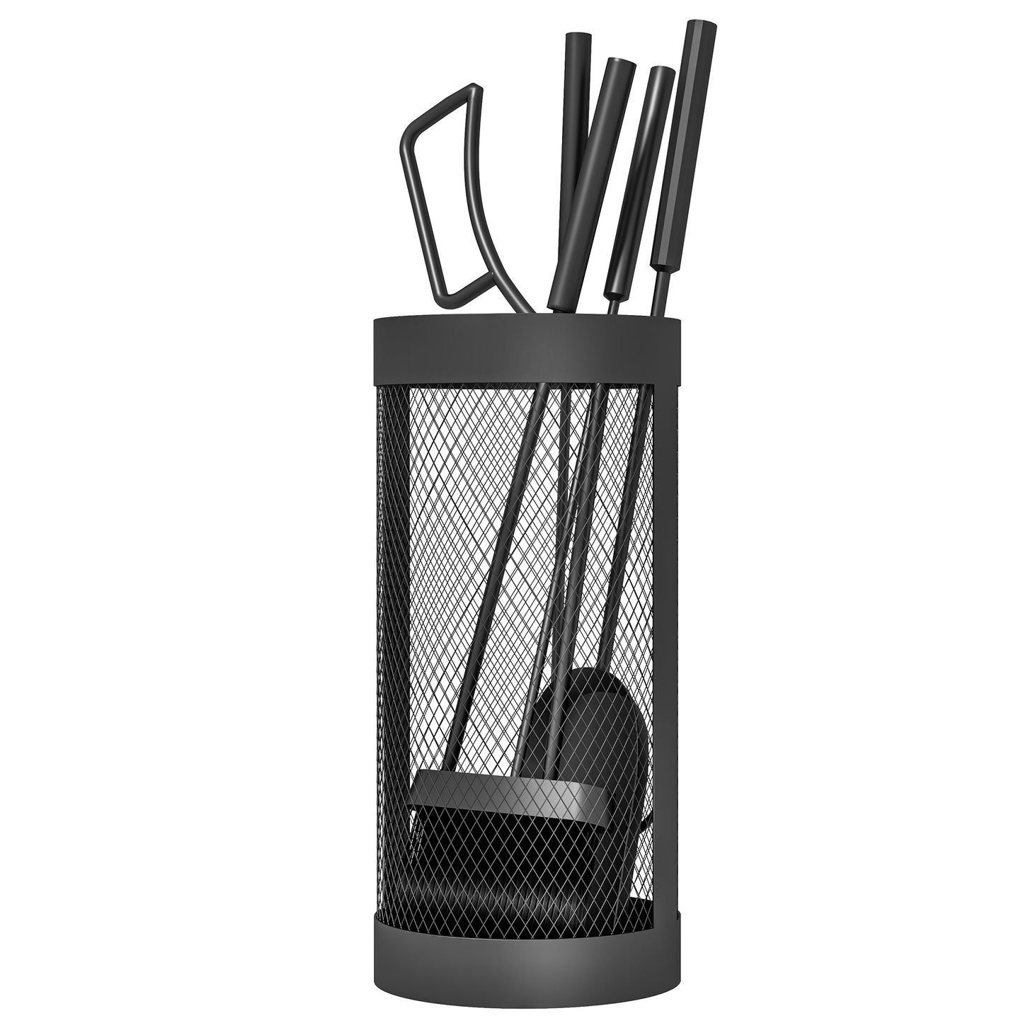 5-Piece Fireplace Tools Set with Mesh Basket, Indoor Outdoor Fireside Accessories for Fireplaces, Fire Pits, Black