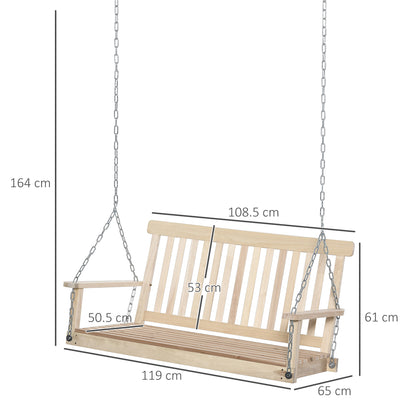 Outdoor Wooden Swing Bench 2-Seater Porch Swing Chair Hanging Hammock Garden Furniture, Natural
