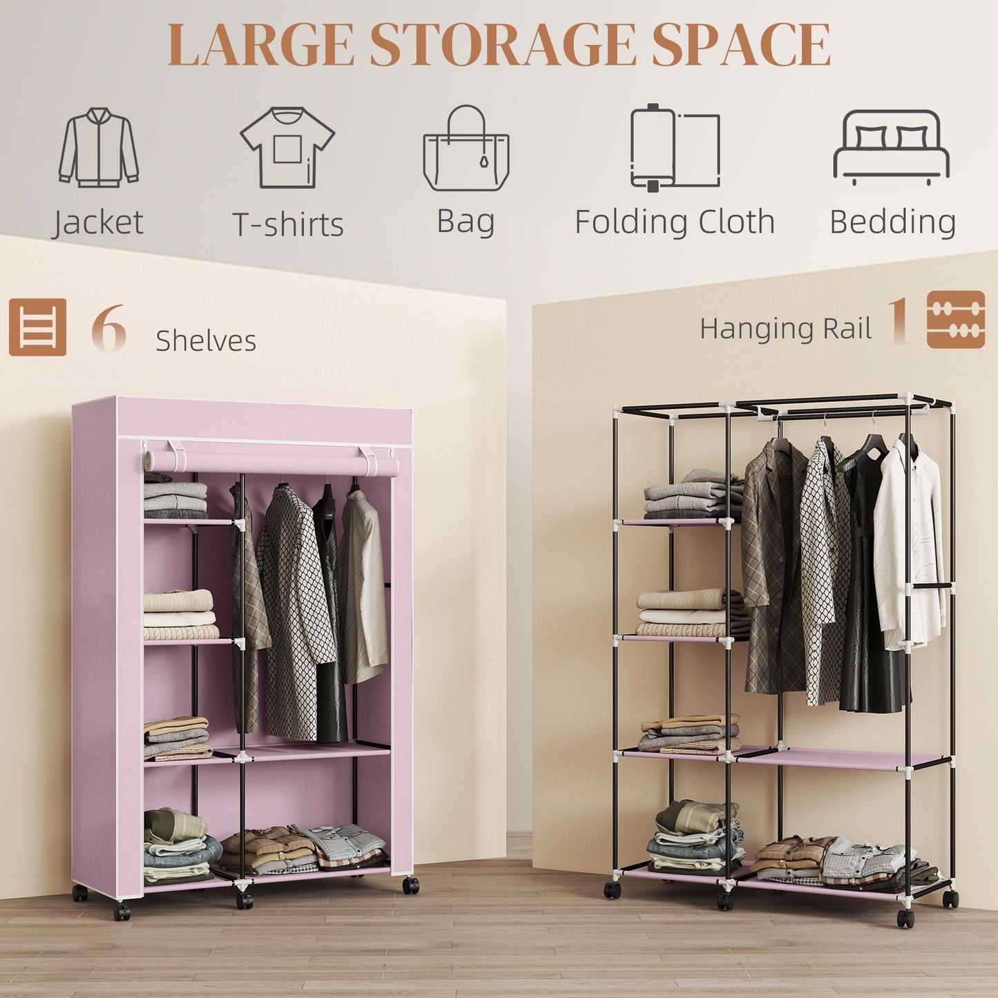 Fabric Wardrobe w/ Shelves Hanging Rail Foldable Wardrobe Pink