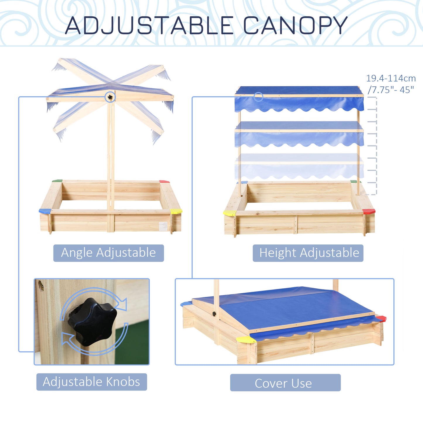 Sandpit, Kids Wooden Sandbox with Adjustable Canopy, Bench Seats & Protective Corners for 3-6 Years Boys Girls, 120x120x120cm