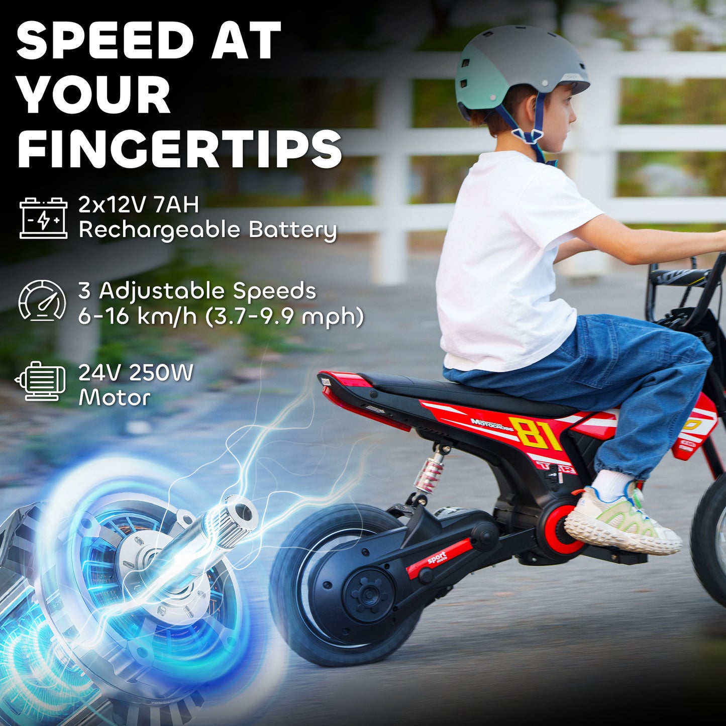 Kids Electric Motorbike 3 Gearboxes Speed Ride on Motorcycle with 41min Ranges - Red