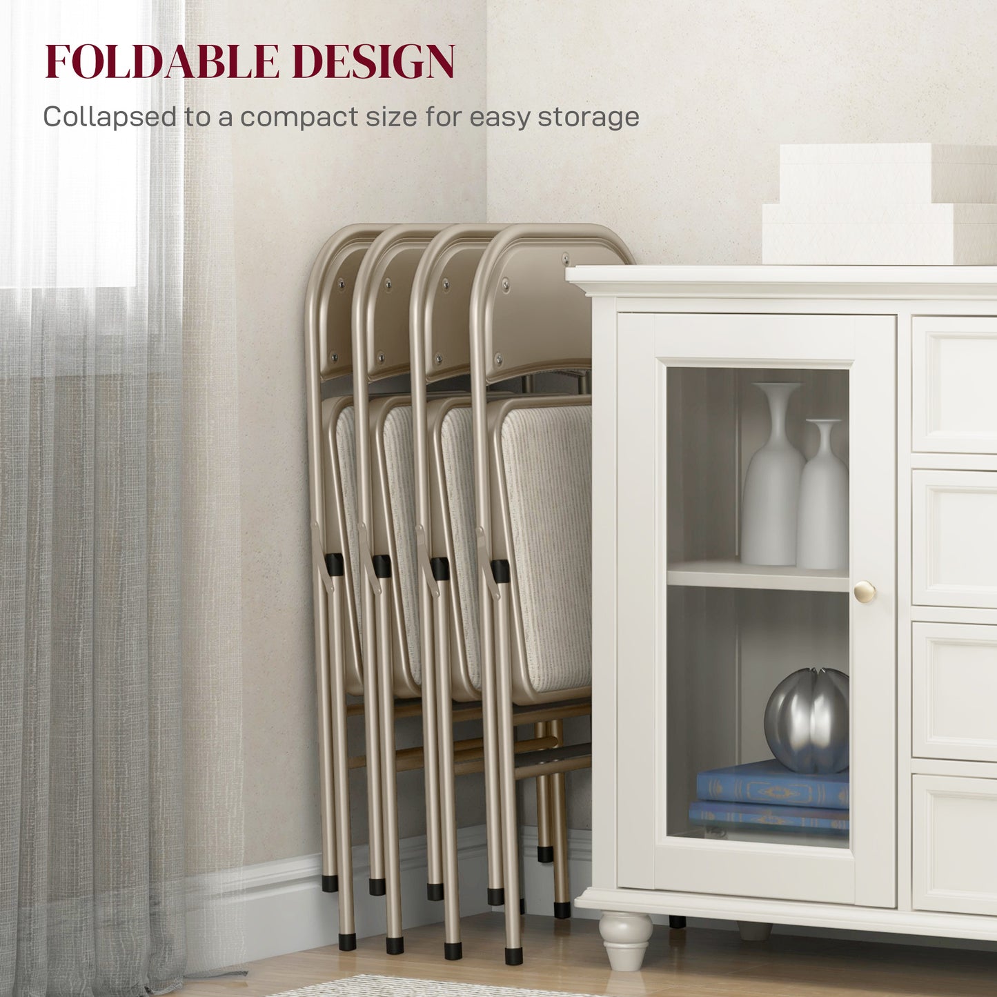 Linen-Look Set of Four Cushioned Folding Chairs - Beige